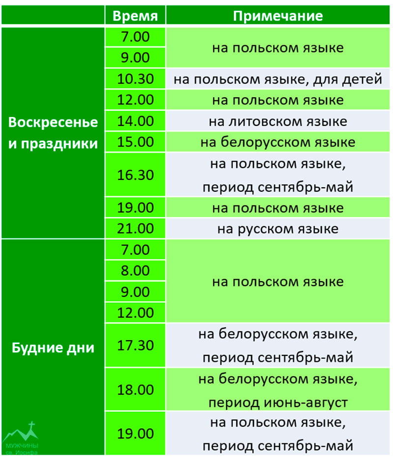 Расписание служб в Фарном костеле в Гродно
